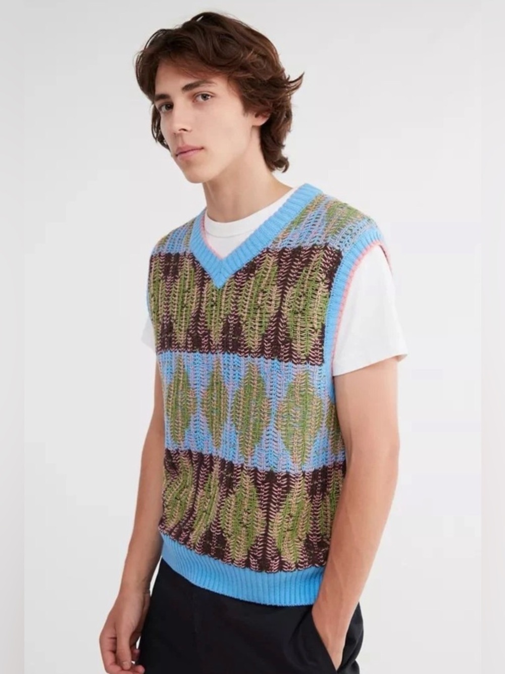 Urban Outfitters Sweater Vest Mens L Multicolor Open Knit Oversized Y2K Grandpa